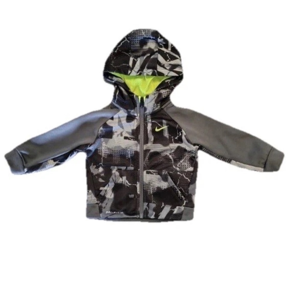Nike Dri Fit Camo Hooded Jacket Toddler 18M Black Gray Full Zip Pockets Logo